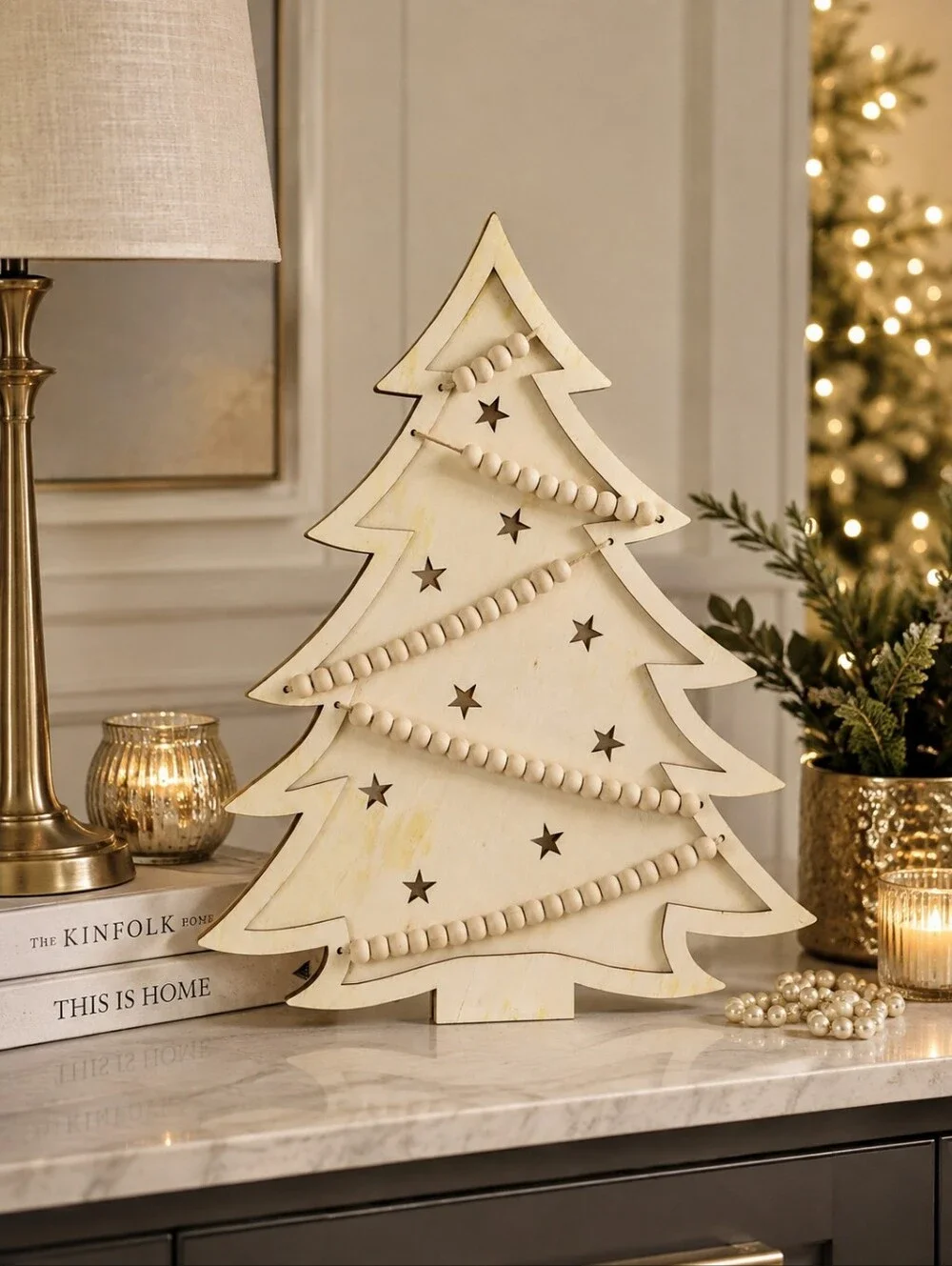 Craft DIY Wooden Christmas Tree Wall Decor Beaded Rustic Farmhouse Holiday